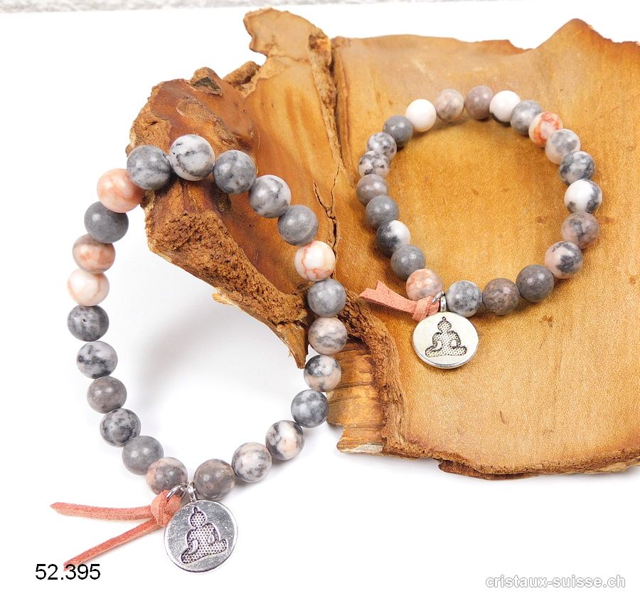 Bracelet Marbre zébré gris et rose 8,5 mm / 18 - 19 cm. Avec charm BOUDDHA