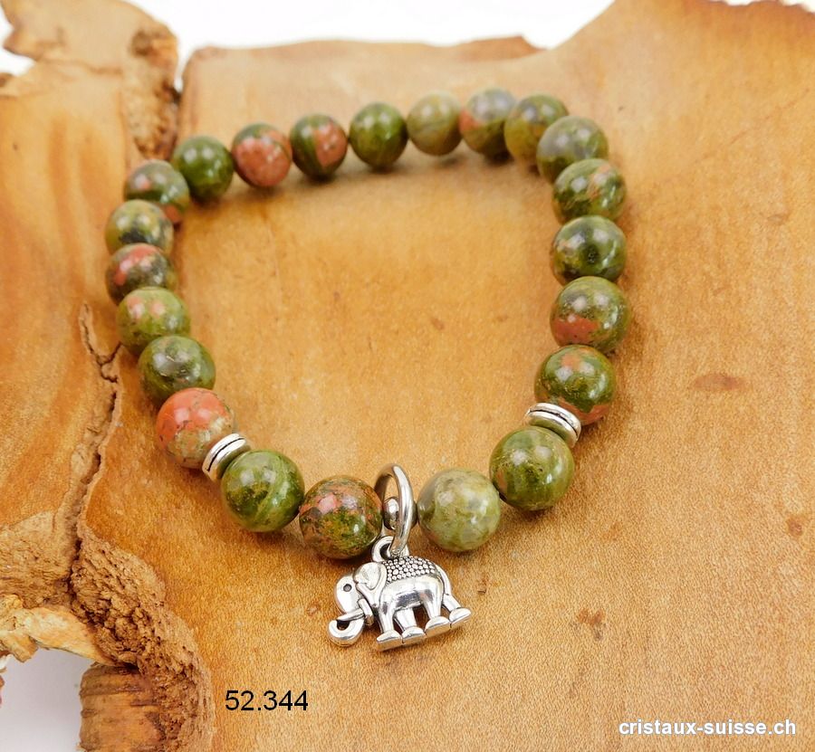 Bracelet Unakite - épidote 8,5 mm / 19 cm. AVEC ELEPHANT. Offre Spéciale