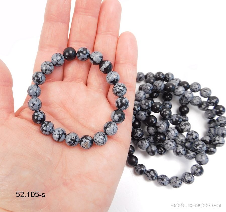 Bracelet Obsidienne Flocons de Neige 8 - 9 mm / 16 - 16,5 cm. Taille S