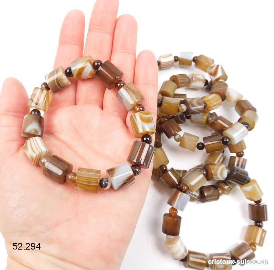 Bracelet Agate Café à bandes 12 mm, élastique 20 - 21 cm