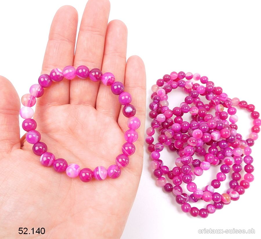 Bracelet Agate rose clair 8 mm, élastique 17,5 - 18 cm. Taille SM