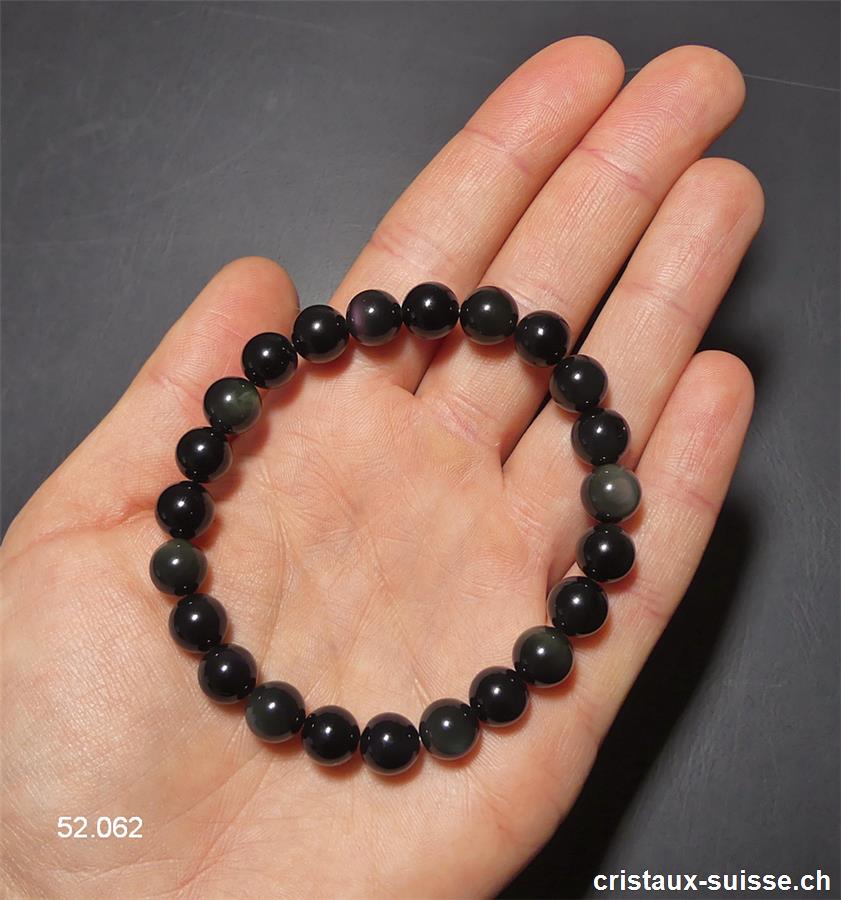 Bracelet Obsidienne arc-en-ciel - noire 8 mm, élastique 18,5 - 19 cm