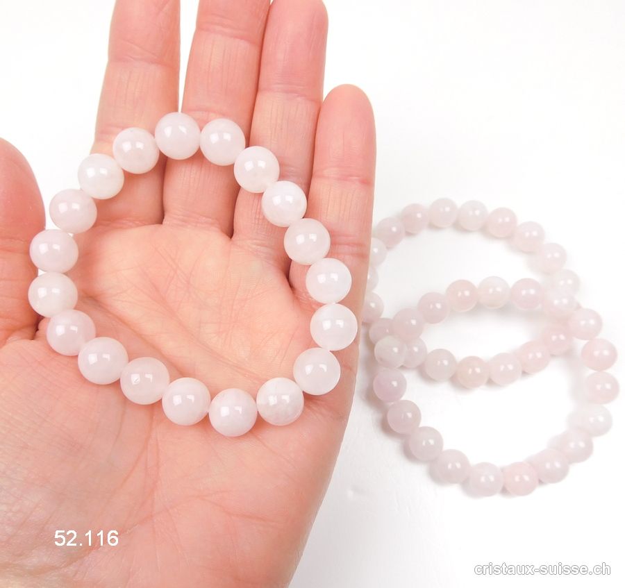 Bracelet Quartz rose opaque 10 mm, élastique 18 cm. Taille M