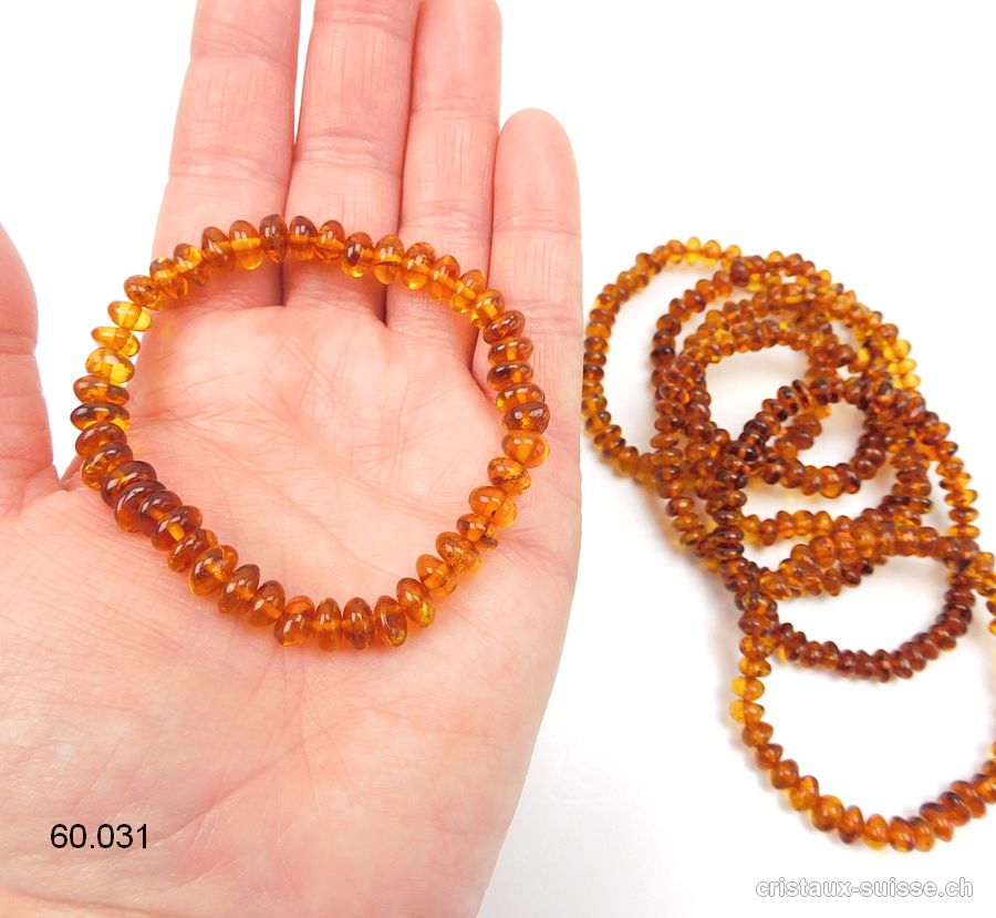 Bracelet Ambre Cognac 7 - 8 mm, élastique 18 cm. Taille SM