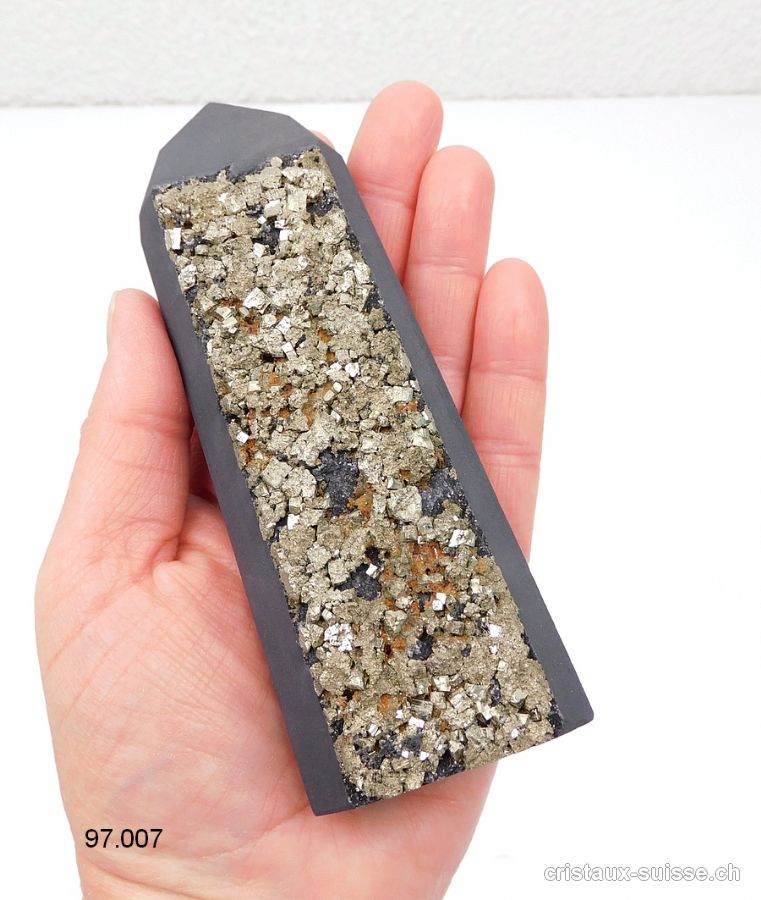 Pyrite sur Schungite du Brésil, Obélisque 13 cm. Pièce unique 283 grammes