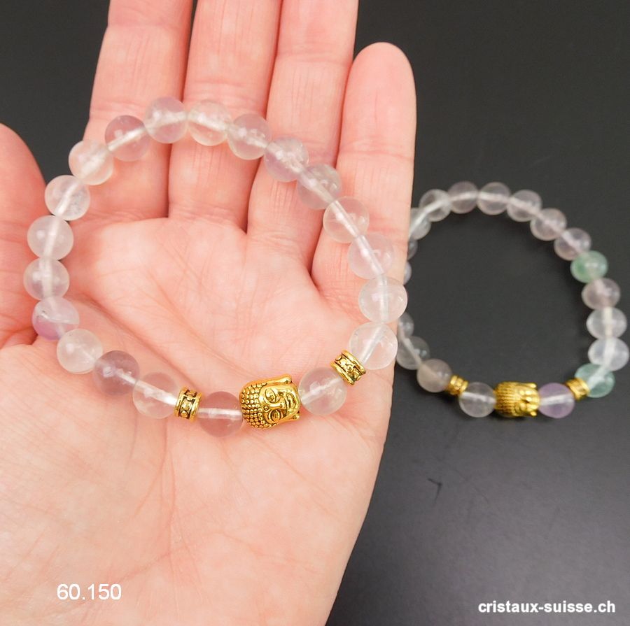 Bracelet Fluorite claire 8 - 8,5 mm/19 cm et BOUDDHA doré. Offre Spéciale