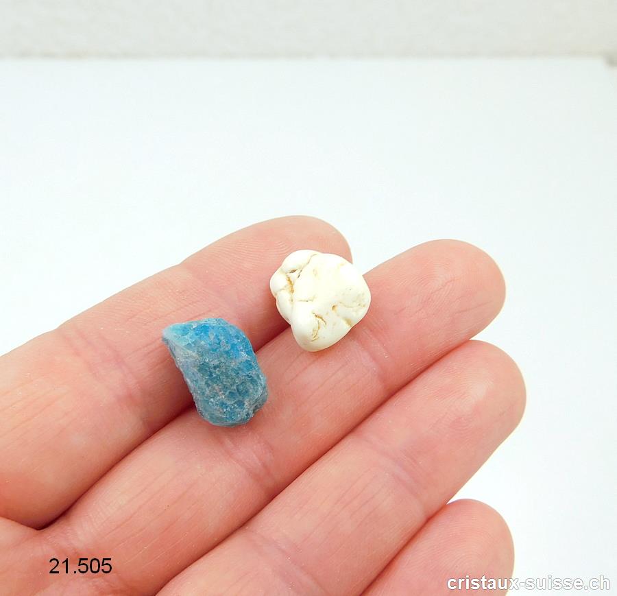 1 x Apatite bleue brute et 1 x Magnésite nodule. Taille S, 1 à 2 cm. Offre Spéciale