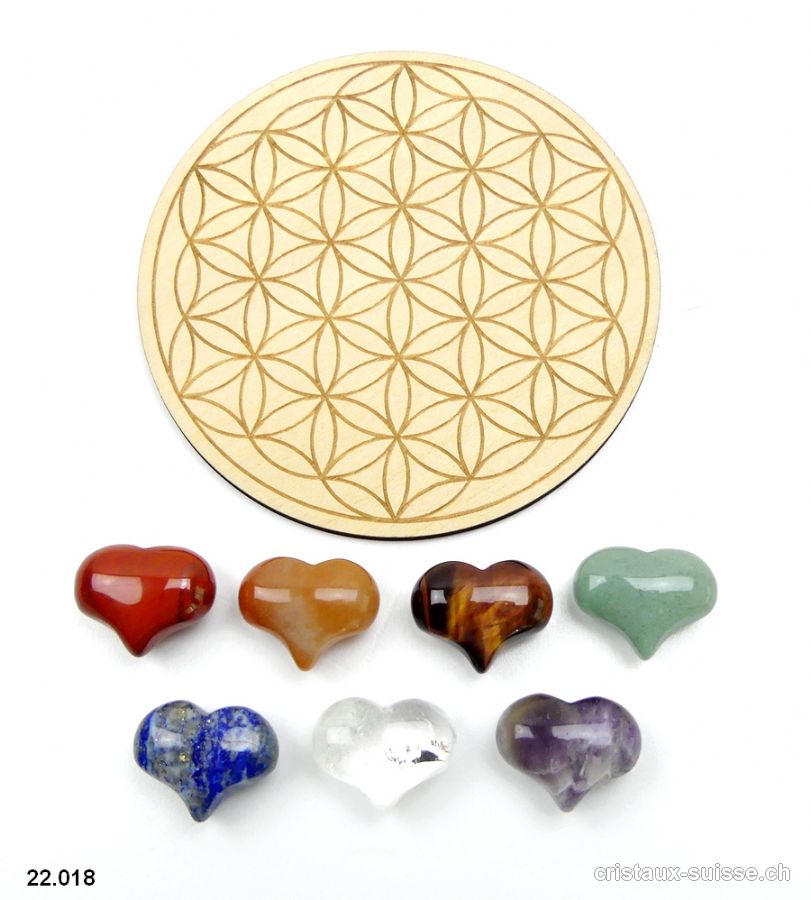 Set Chakras 7 Coeurs 2,5 cm et Plateau Fleur de Vie en bois 10 cm