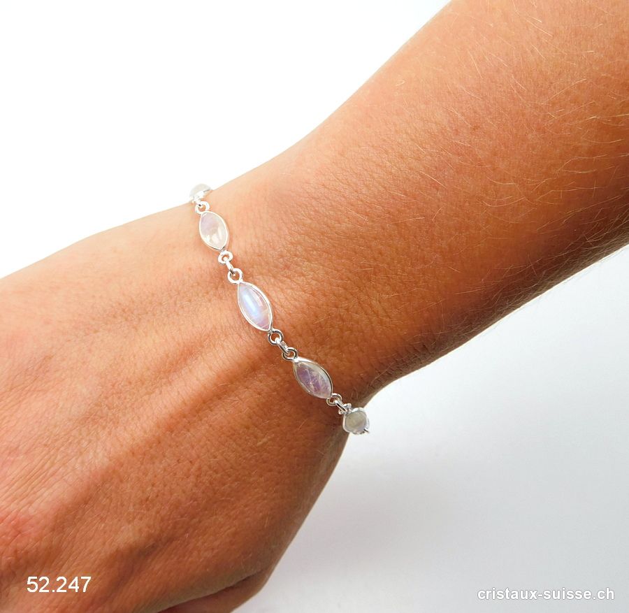 Bracelet Pierre de Lune arc-en-ciel Navette en argent 925, réglable 17 - 20 cm