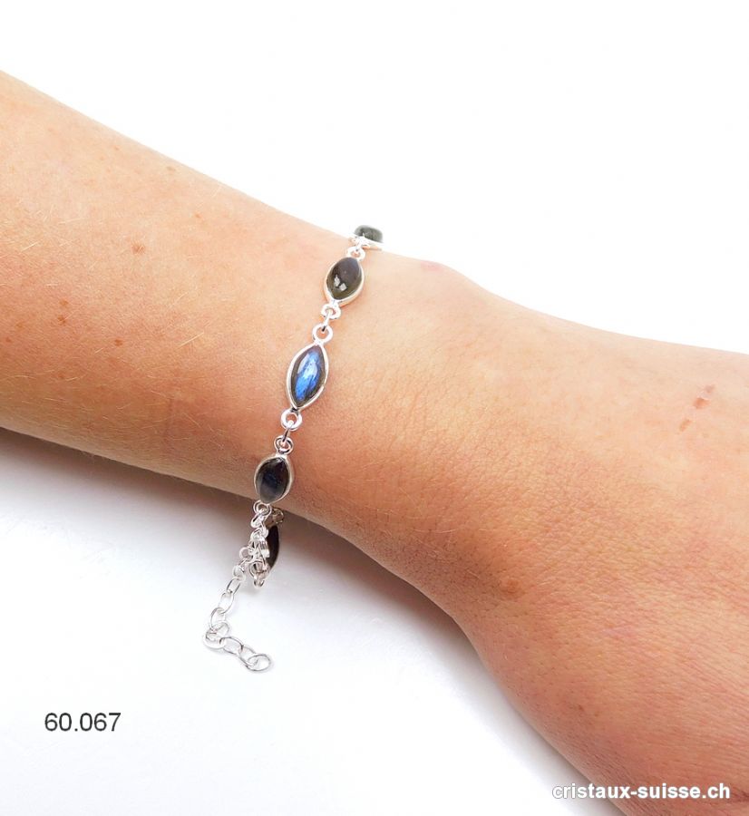 Bracelet Labradorite bleue Navette en argent 925, réglable 17 - 20 cm