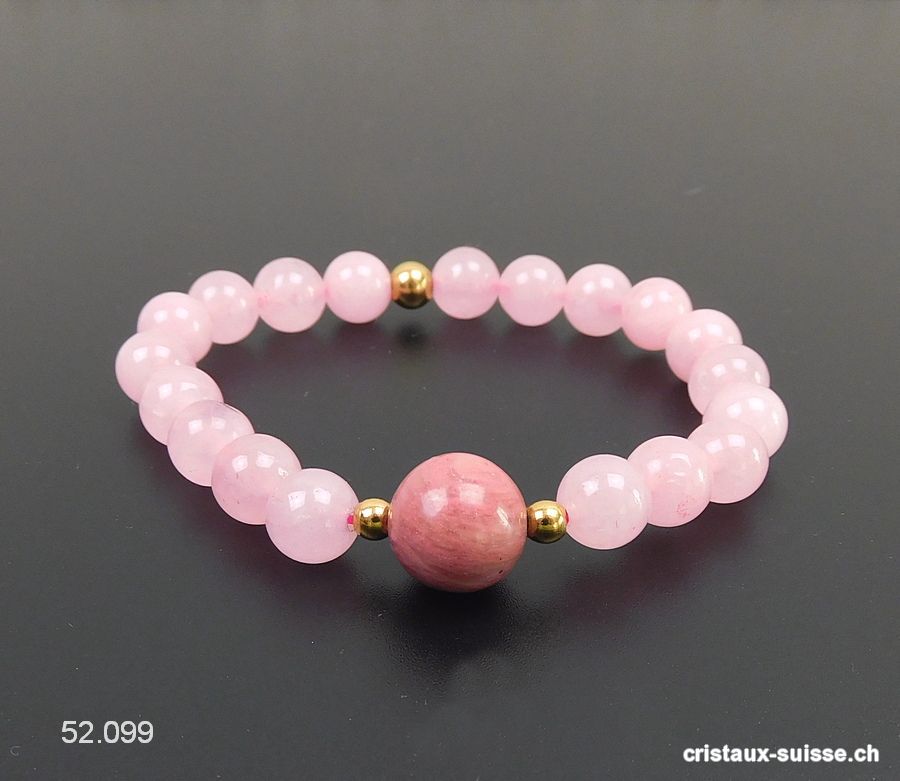Bracelet Quartz rose - Rhodonite 8 mm / 18 cm. Taille M