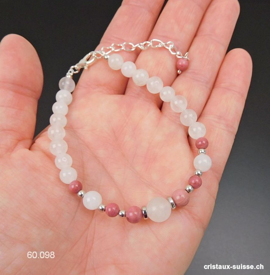 Bracelet Rhodonite - Jade blanc, réglable 19 - 23,5 cm