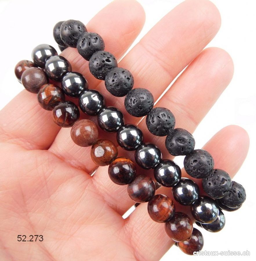 3 bracelets ANCRAGE et FORCE - Oeil de Tigre Rouge, Hématite, Lave
