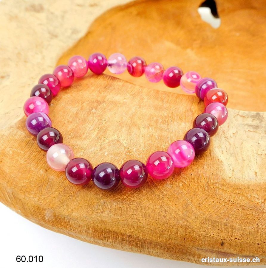 Bracelet Agate rose foncé 8 mm / 19 - 19,5 cm