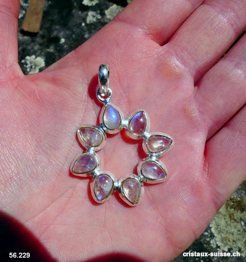 Pendentif Pierre de Lune arc-en-ciel Soleil en argent 925