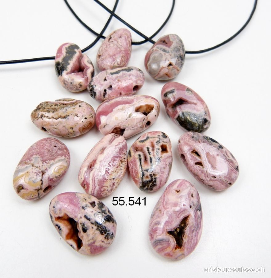 Rhodochrosite avec cavités 2,5 à 3 cm, percée avec cordon cuir à nouer. Offre Spéciale