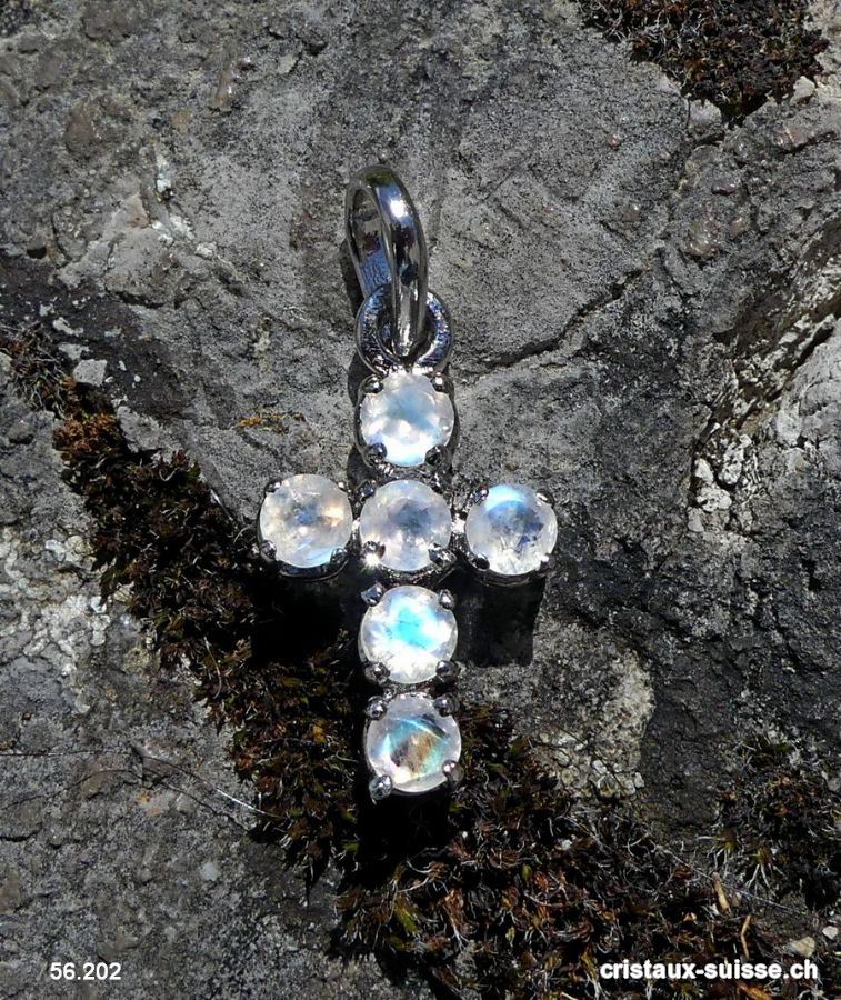 Pendentif petite CROIX Pierre de Lune arc-en-ciel en argent 925