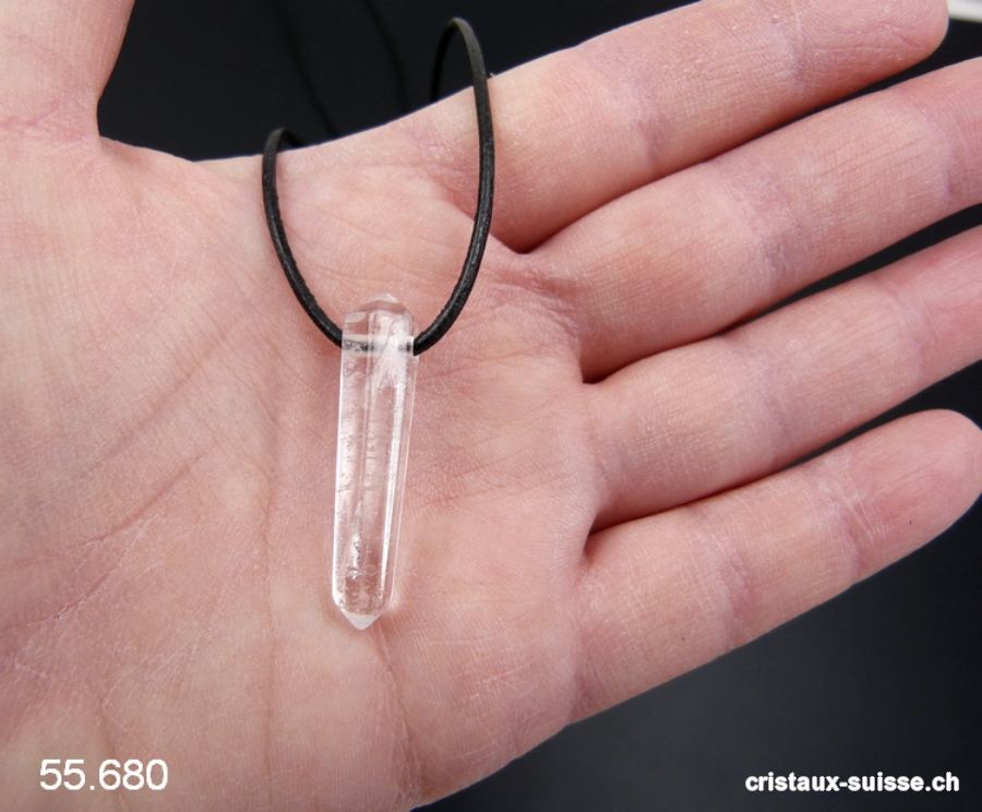 Cristal de roche percé, taille biterminée 3,5 cm avec cordon en cuir à nouer. OFFRE SPECIALE