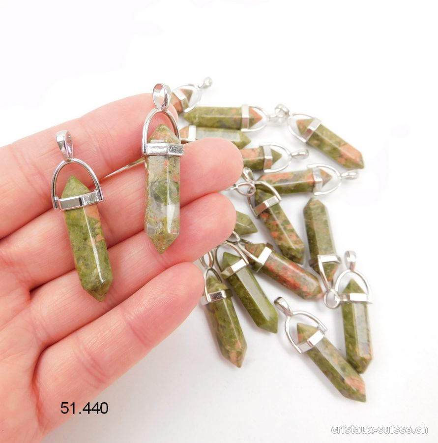 Pendentif Unakite - épidote taille biterminée, avec métal 4 cm