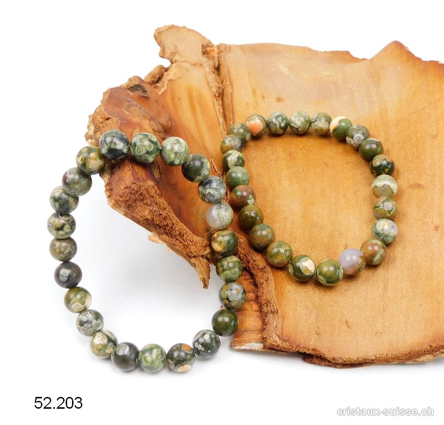 Bracelet Rhyolite verte amazonienne opalisée 8,5 mm / 18,5 - 19 cm. Taille ML