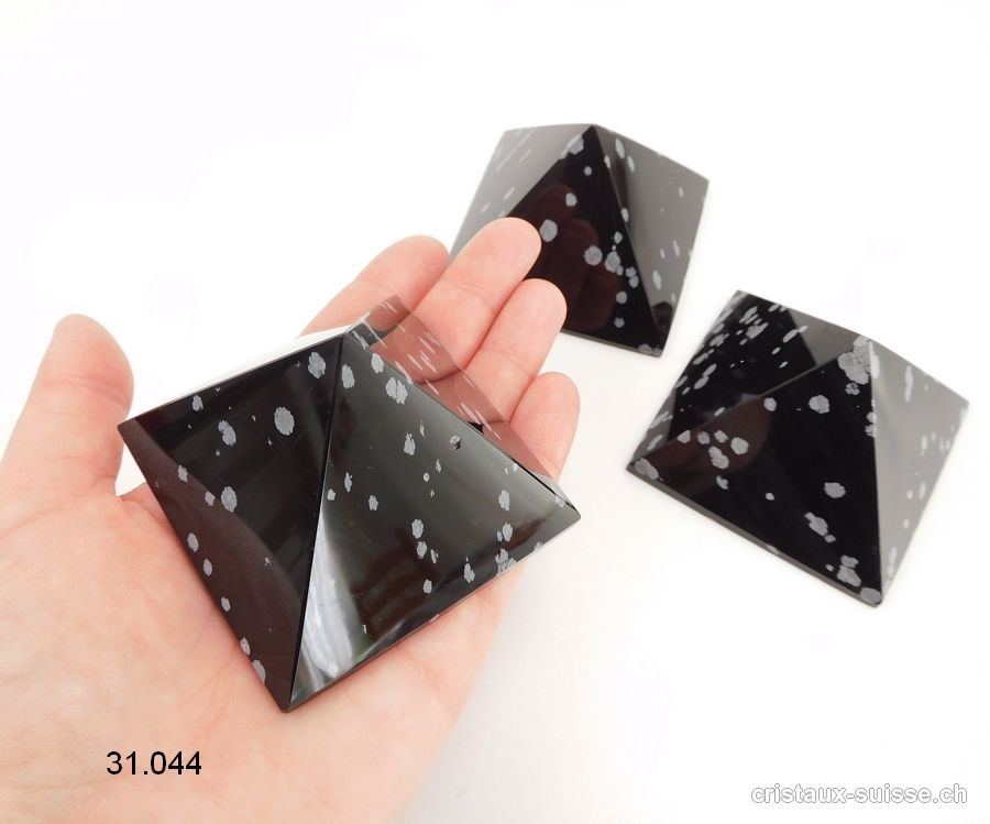 Pyramide Obsidienne flocons de neige, base 6,7 - 7 cm x haut. 4,7 cm. OFFRE SPECIALE