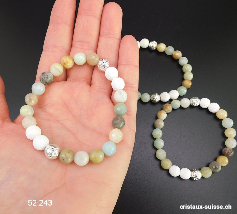 Bracelet Amazonite multicolore facettée et Lave blanche 8 mm, élastique 19 cm. OFFRE SPECIALE