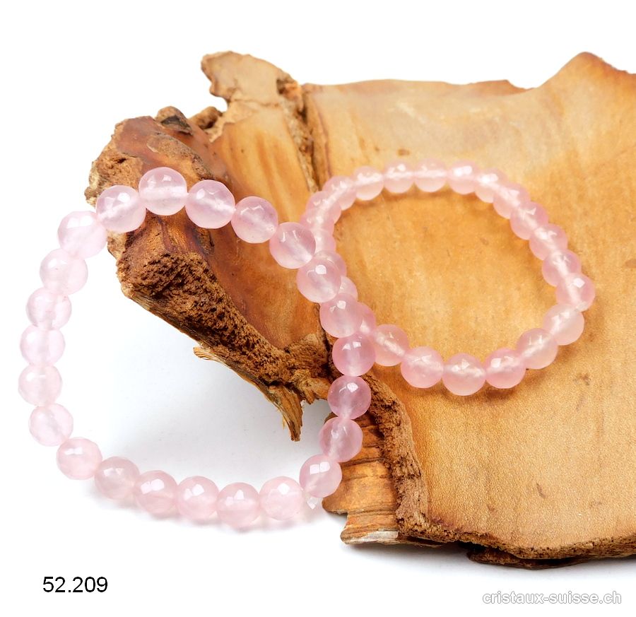 Bracelet Quartz rose FACETTÉ 8 mm, élastique 18 cm. Taille M