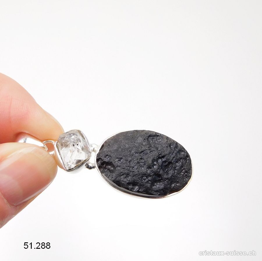 Pendentif Tectite et Diamant Herkimer en argent 925. Pièce unique