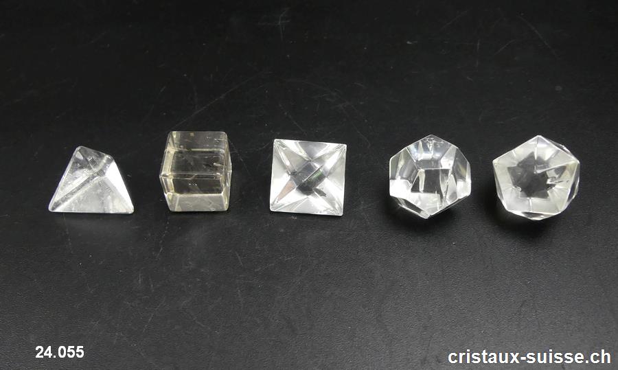5 solides de Platon Cristal de Roche 1,4 à 1,7 cm