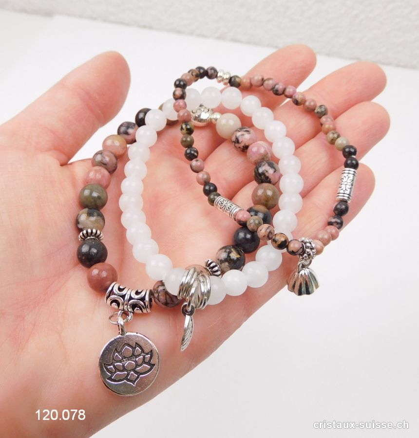 3 bracelets APAISEMENT, Rhodonite et Jade blanc. Offre Spéciale