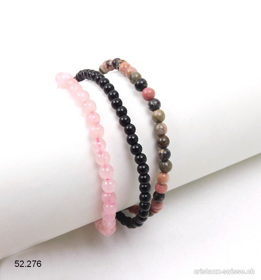 3 bracelets EQUILIBRE EMOTIONNEL, Onyx noir, Rhodonite et Quartz rose. Offre Spéciale