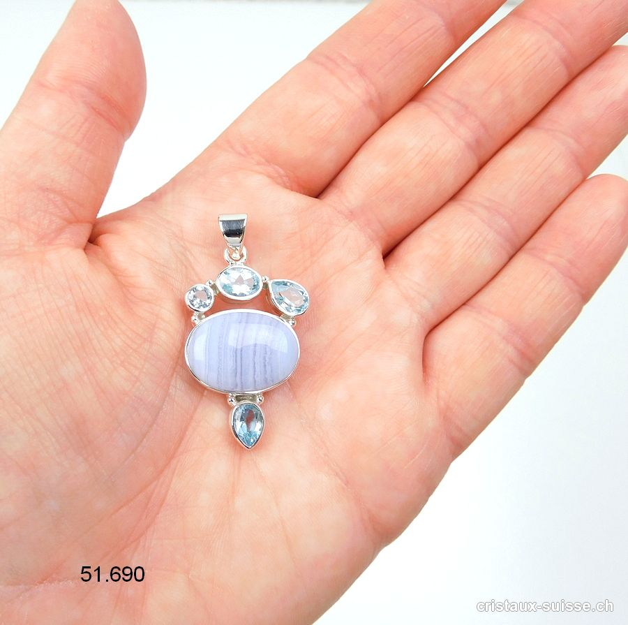 Pendentif Calcédoine bleue rubanée, Topaze bleue en argent 925. Pièce unique