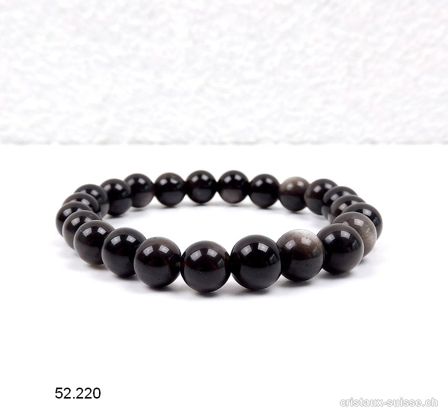 Bracelet Obsidienne argentée 8 mm, élastique 18,5 - 18 cm. Taille M