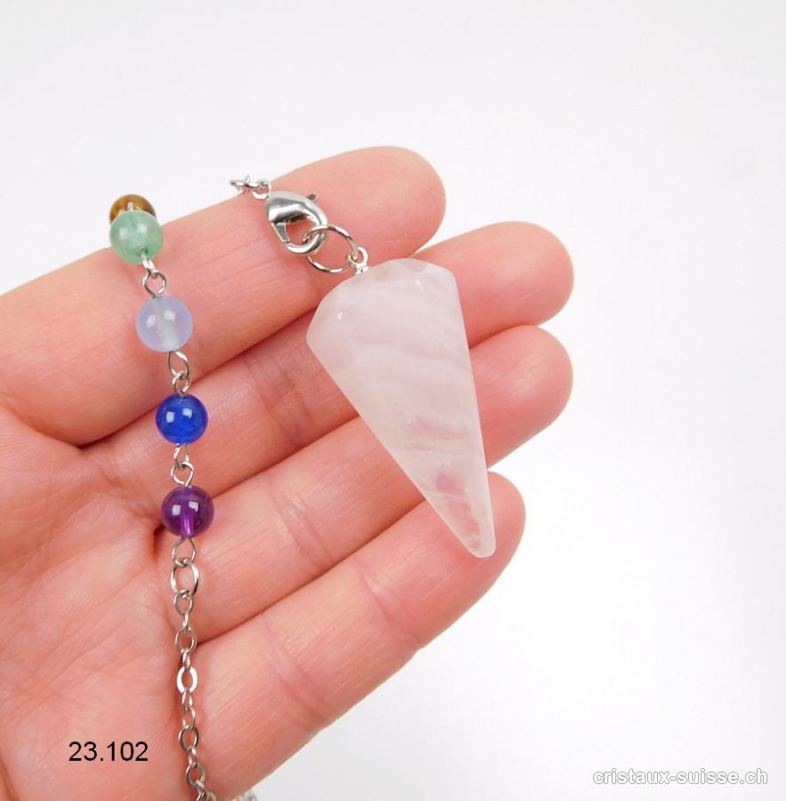 Pendule Quartz rose facetté 3,5 cm avec perles chakras