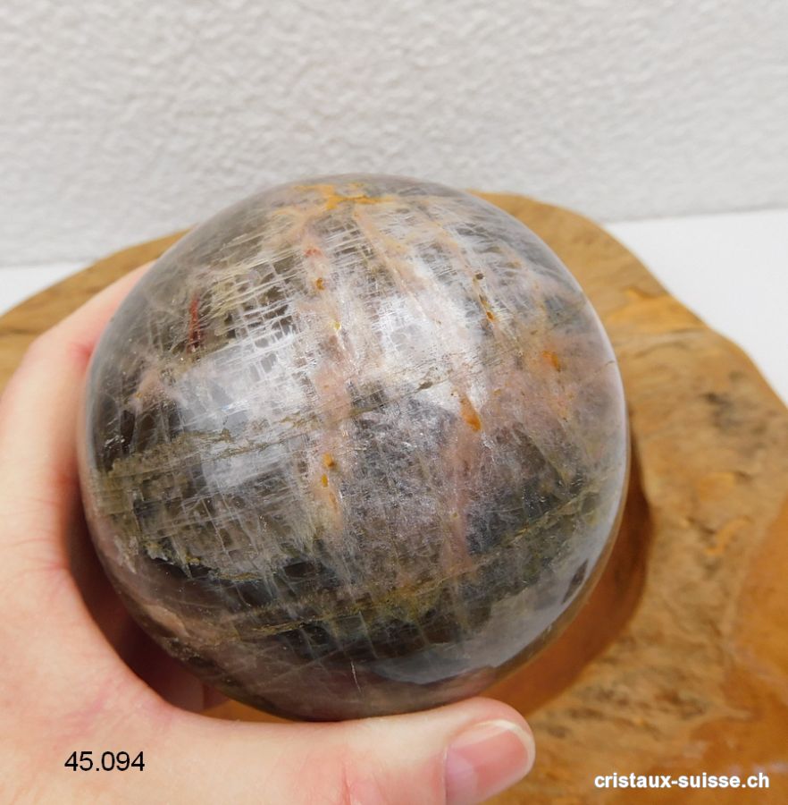 Boule Pierre de Lune noire de Madagascar Ø 8,5 cm. Pièce unique