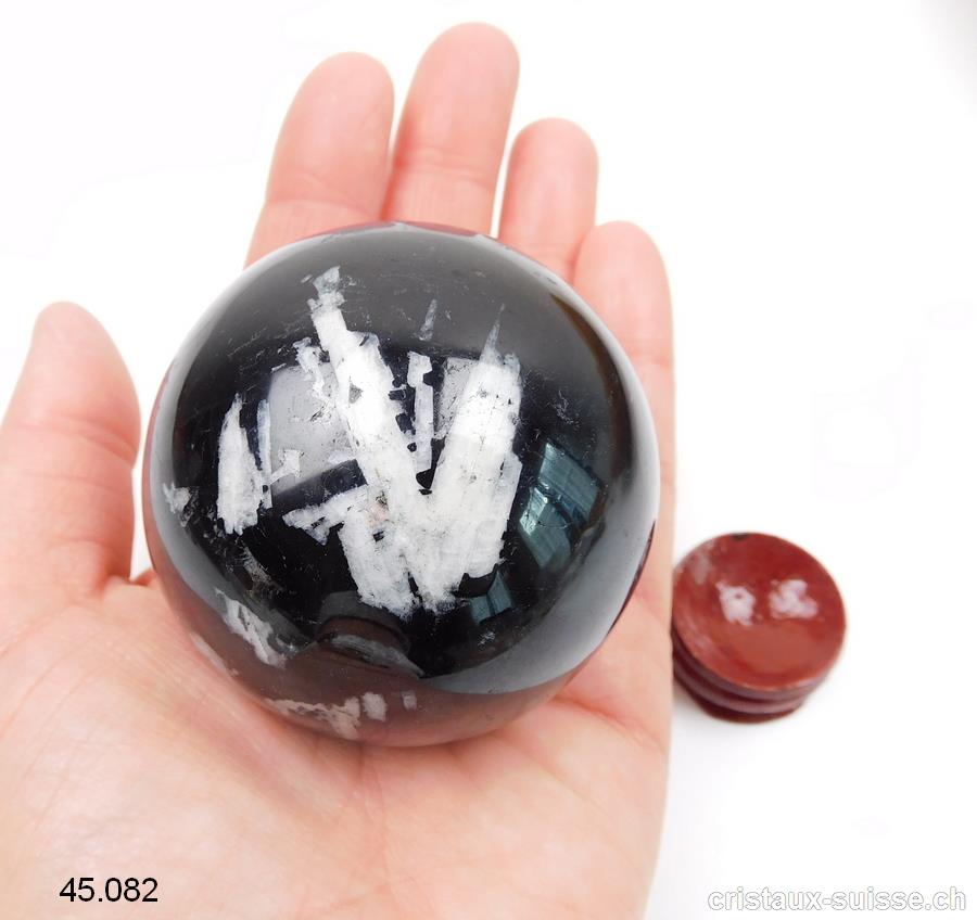 Boule Tourmaline noire - Schörl avec Albite blanche Ø 5,8 cm. Pièce unique 339 grammes