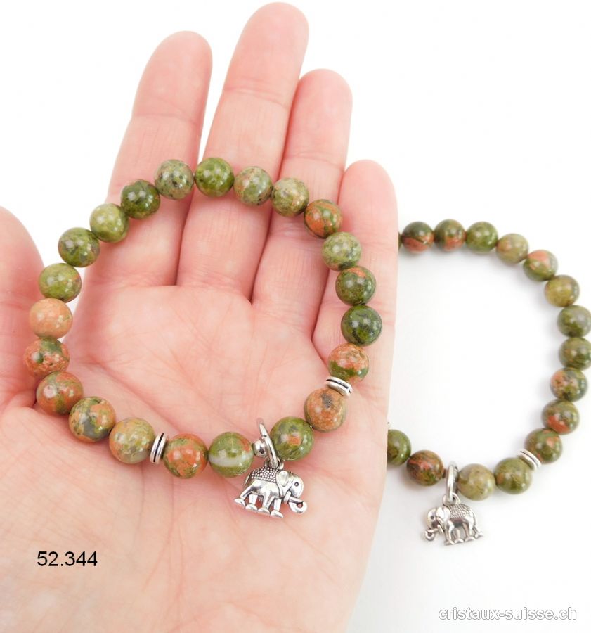 Bracelet Unakite - épidote 8,5 mm / 19 cm. AVEC ELEPHANT. Offre Spéciale