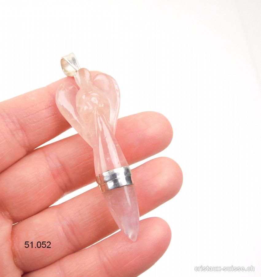 Pendentif Quartz rose Ange 5,5 cm en argent 925. Pièce unique