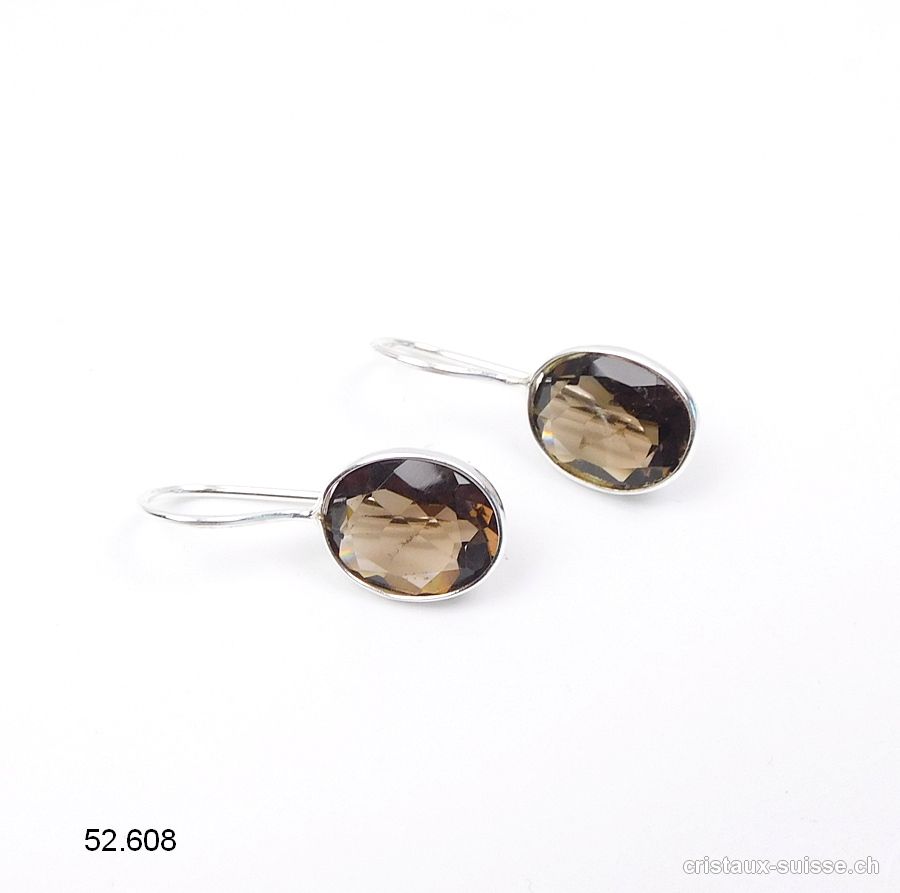 Boucles d'oreilles Quartz Fumé, ovale facetté en argent 925