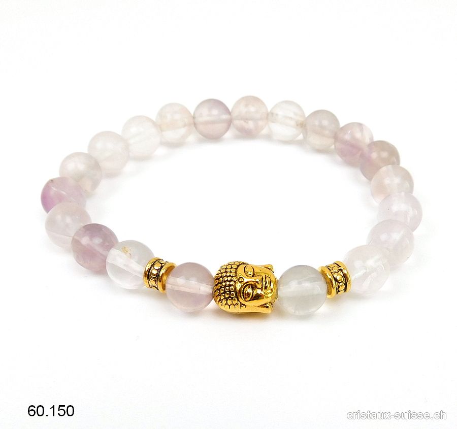 Bracelet Fluorite claire 8 - 8,5 mm/19 cm et BOUDDHA doré. Offre Spéciale