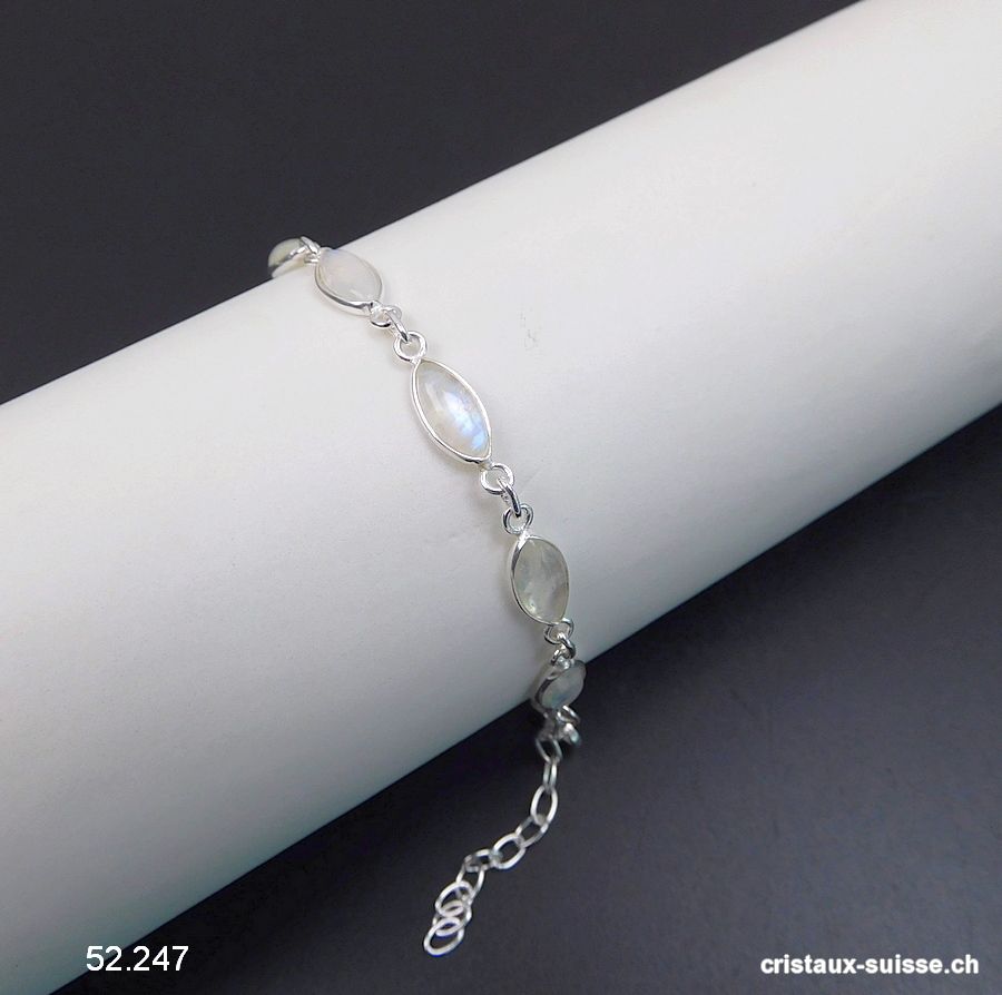 Bracelet Pierre de Lune arc-en-ciel Navette en argent 925, réglable 17 - 20 cm