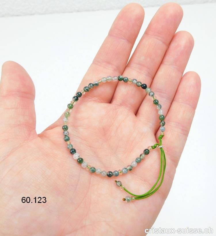 Bracelet Agate Mousse 3,5 mm, réglable env. 17 à 19 cm. Taille S à M