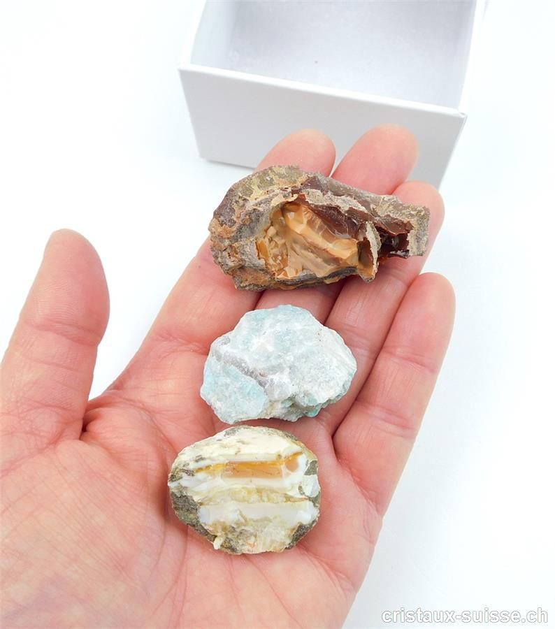 Coffret - découverte 3 cristaux bruts, avec Opale