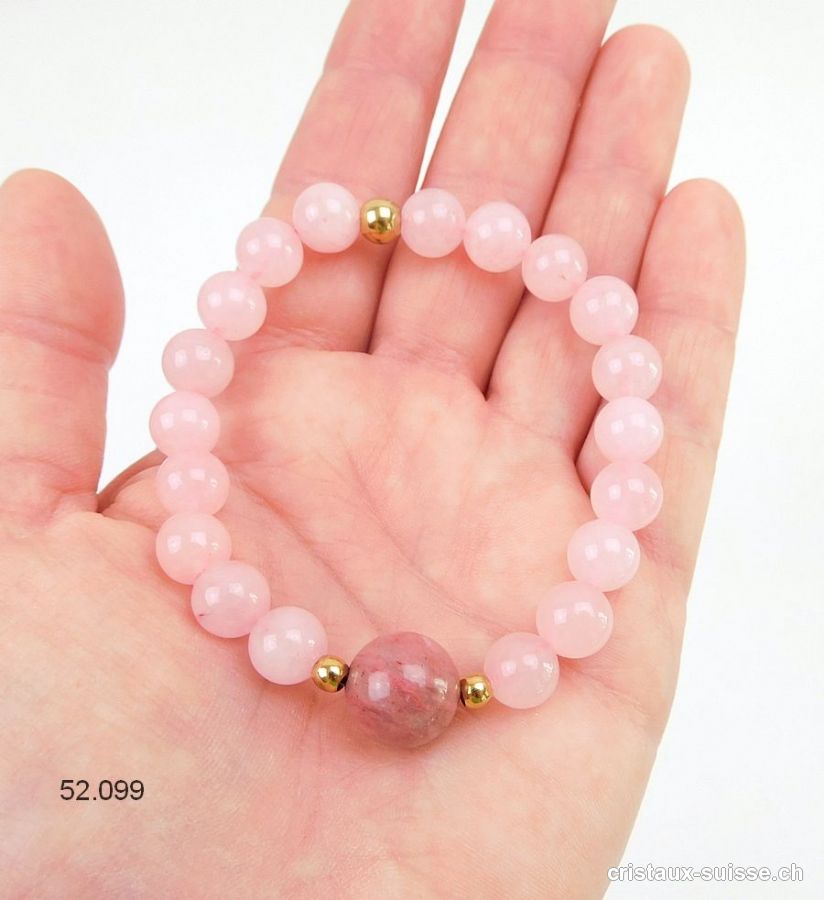 Bracelet Quartz rose - Rhodonite 8 mm / 18 cm. Taille M