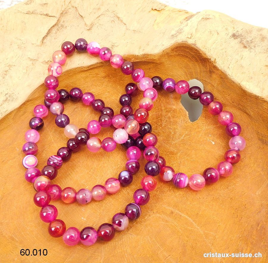 Bracelet Agate rose foncé 8 mm / 19 - 19,5 cm