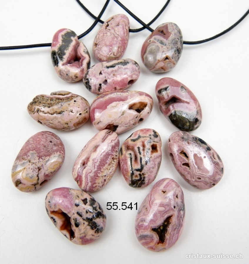 Rhodochrosite avec cavités 2,5 à 3 cm, percée avec cordon cuir à nouer. Offre Spéciale