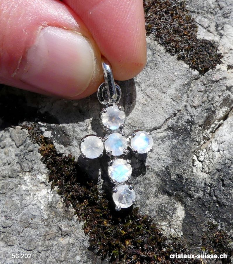 Pendentif petite CROIX Pierre de Lune arc-en-ciel en argent 925
