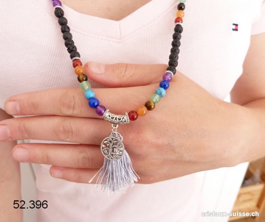 Bracelet  7 Chakras et Lave, Mala élastique. Avec Pompon et Arbre de Vie