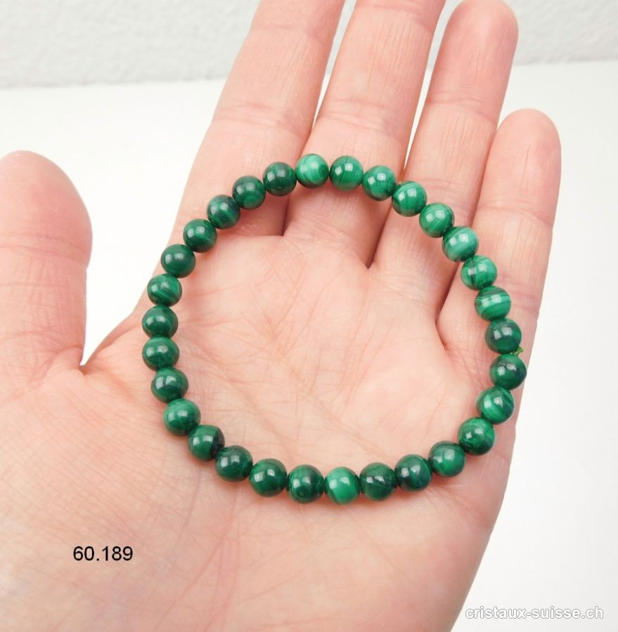 Bracelet Malachite 6,5 - 7 mm, élastique 18 cm. Taille M. Qual. A