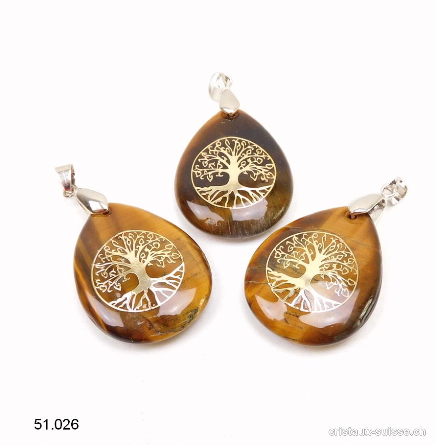 Pendentif Oeil de Tigre, goutte avec Arbre de Vie 3 x 2,5 cm